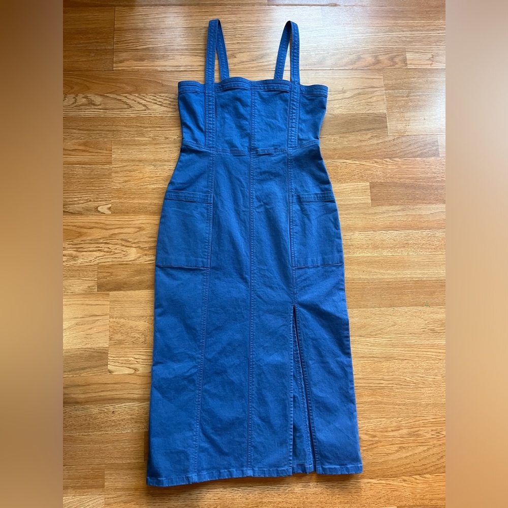 O’Neill Blue Denim Dress MIDI Straight Cut Fitted Bodice Slit In Front Small